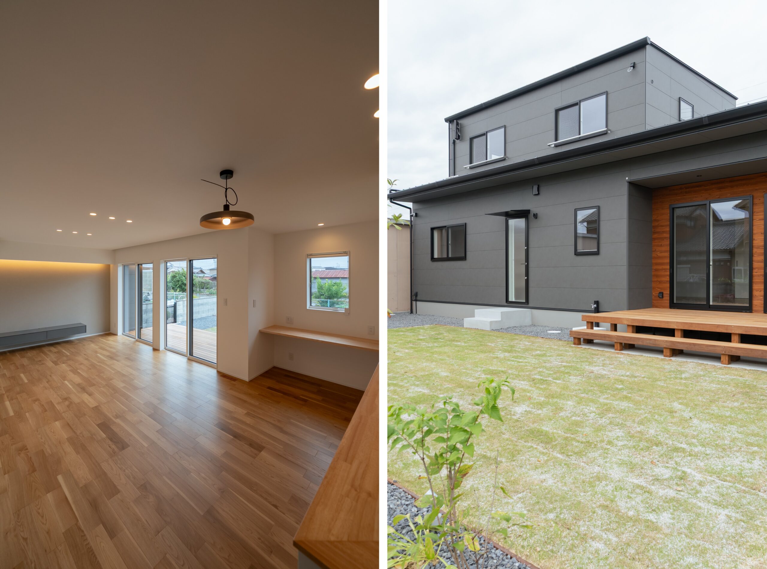 ウッドデッキと庭に続くリビングの窓