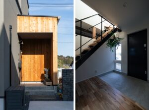 板張りの玄関ポーチと吹抜け階段がある玄関