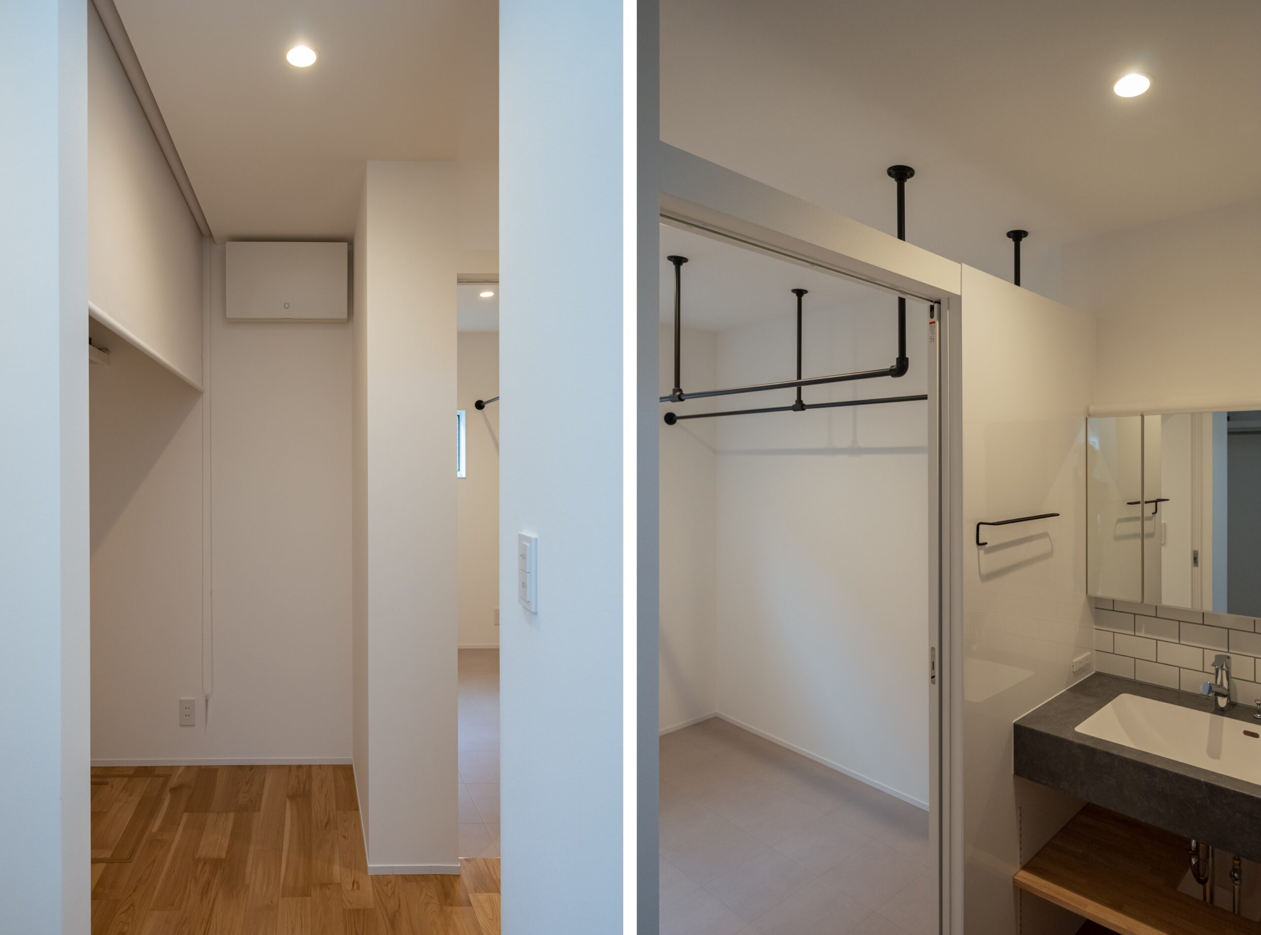 ロールスクリーン付きの収納スペースと家事動線の良いランドリー