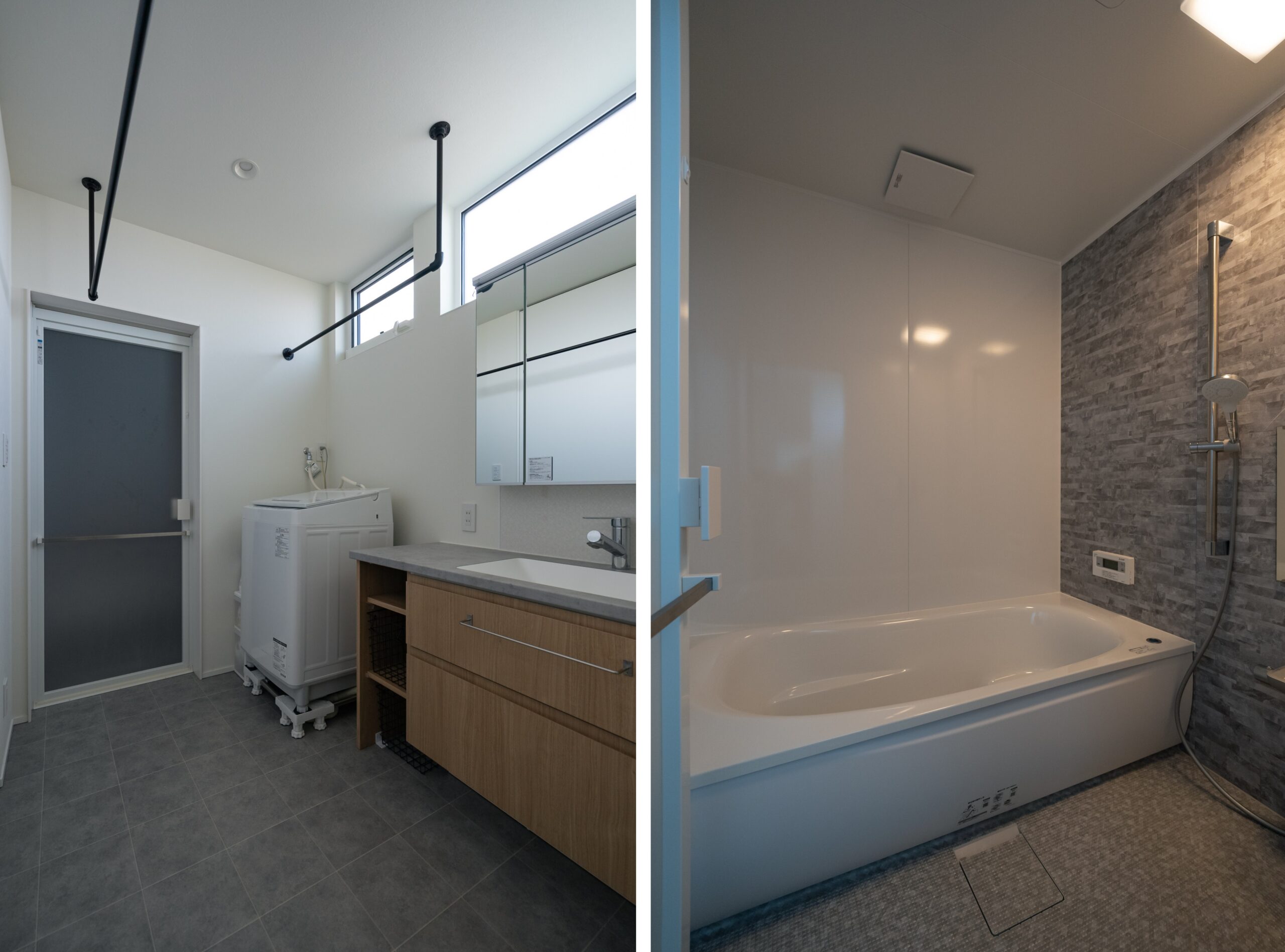 白とグレーを基調にした脱衣室・浴室