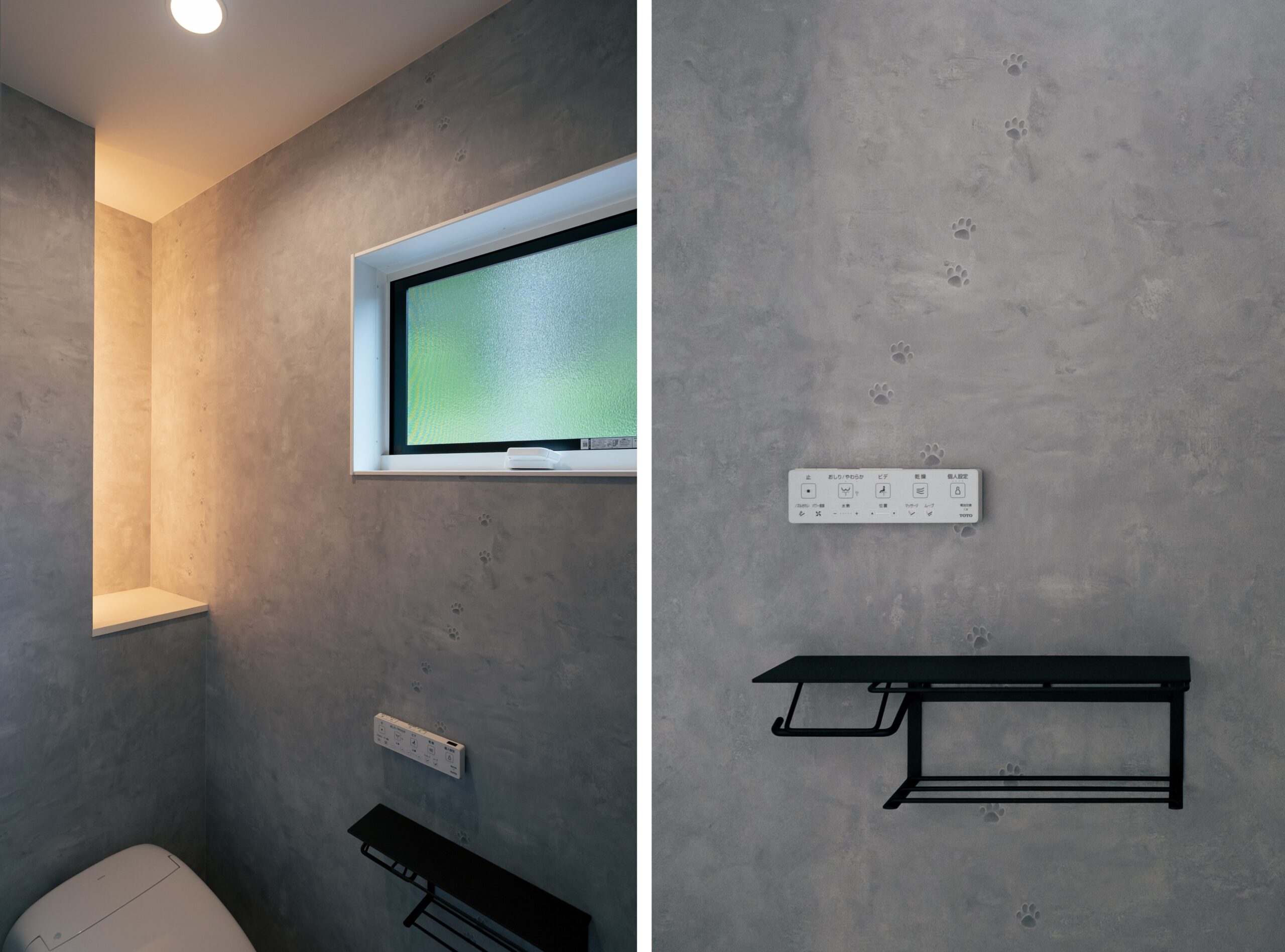 ニッチに間接照明を仕込み猫の足跡をあしらったトイレ