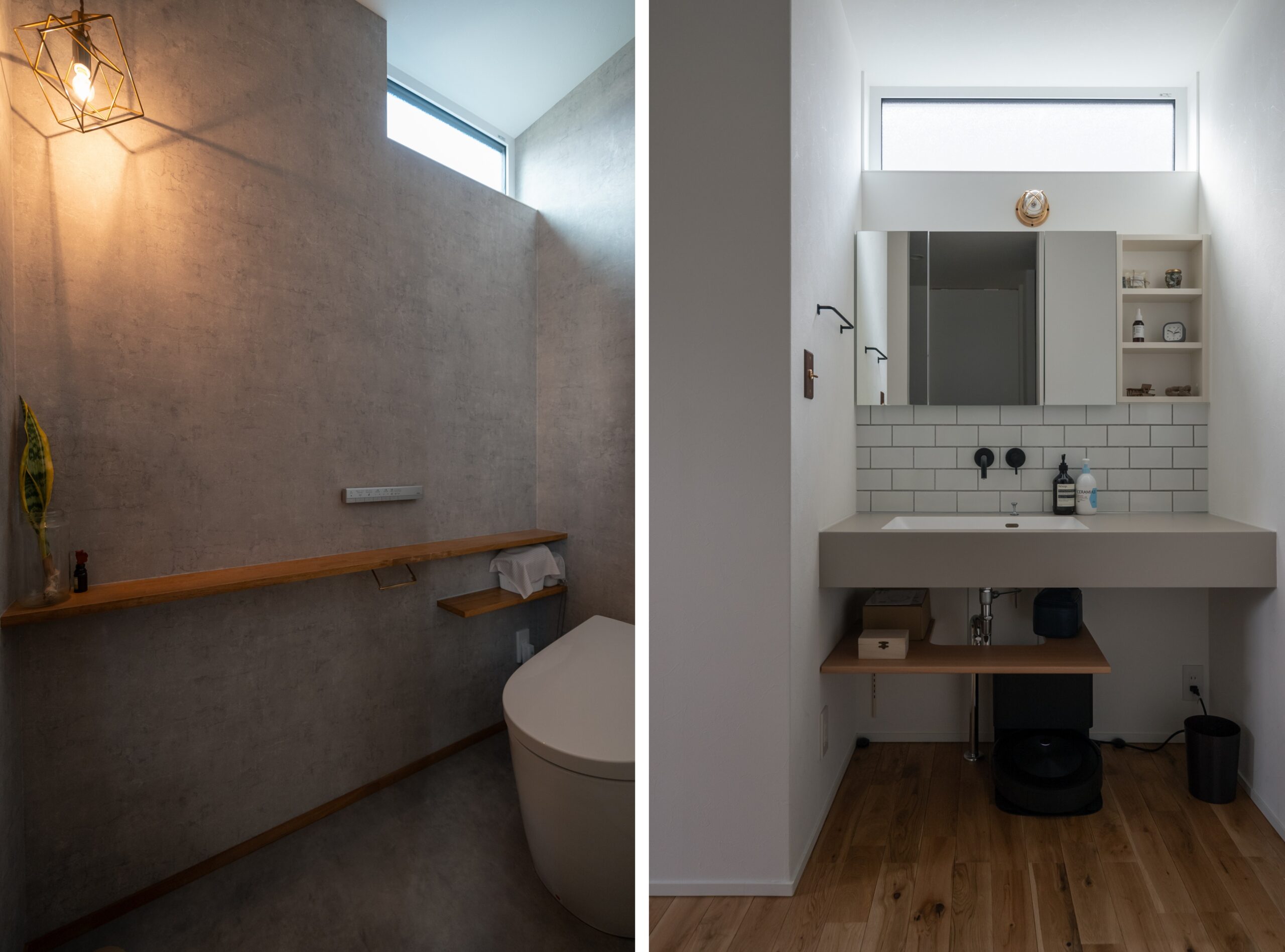 落ち着いた雰囲気のペンダントライトのあるトイレと造作洗面台