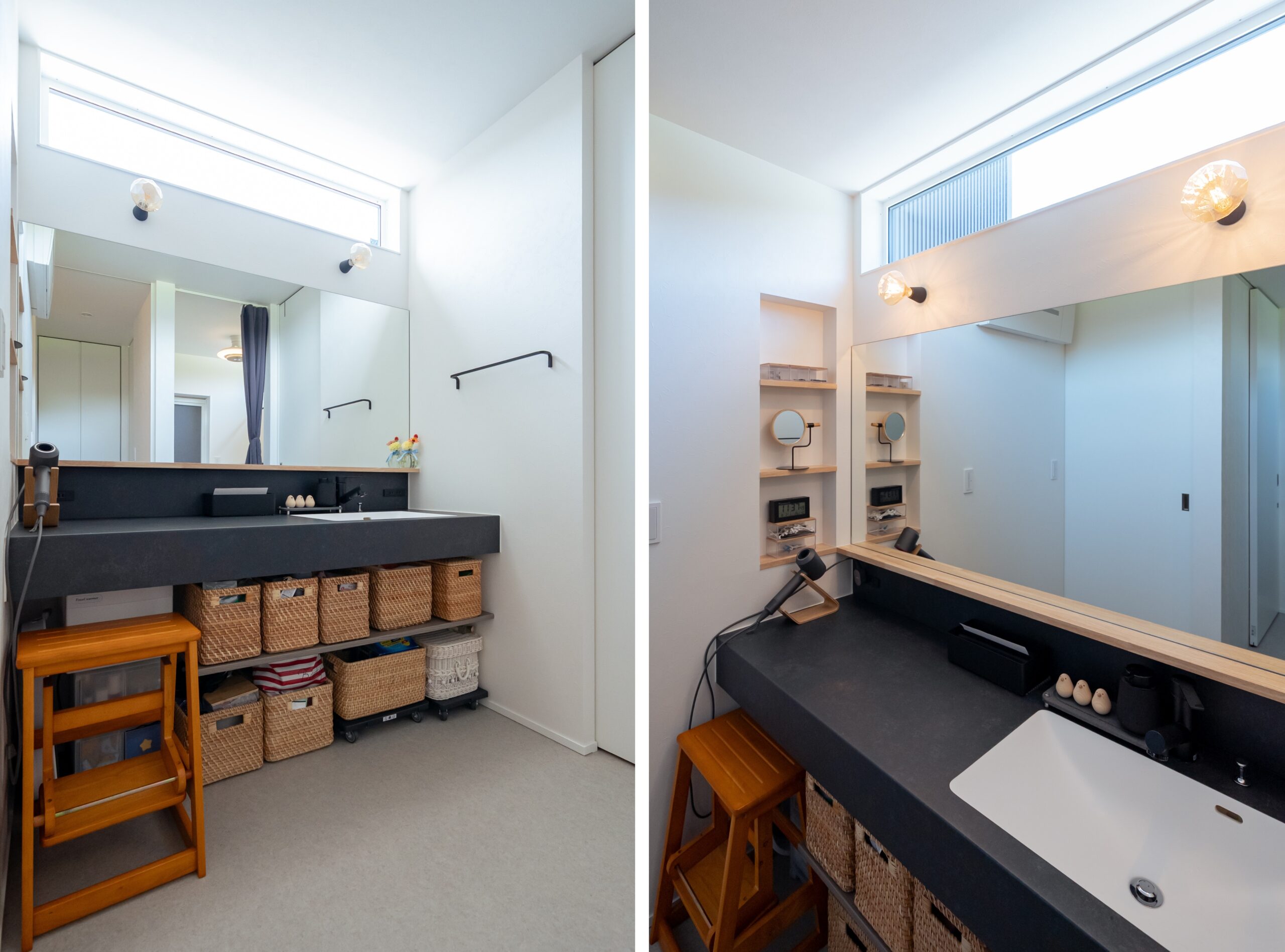 ニッチ棚のある横長の造作洗面台