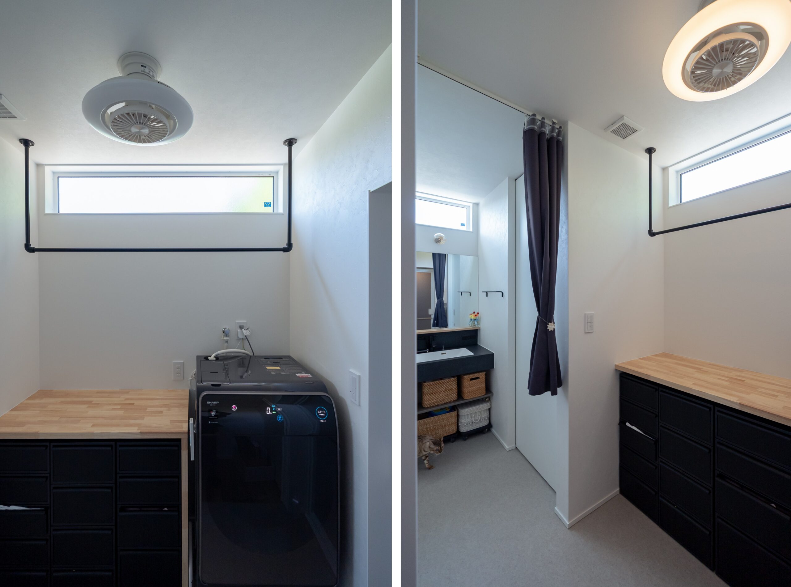 物干しパーツと造作棚のあるランドリー