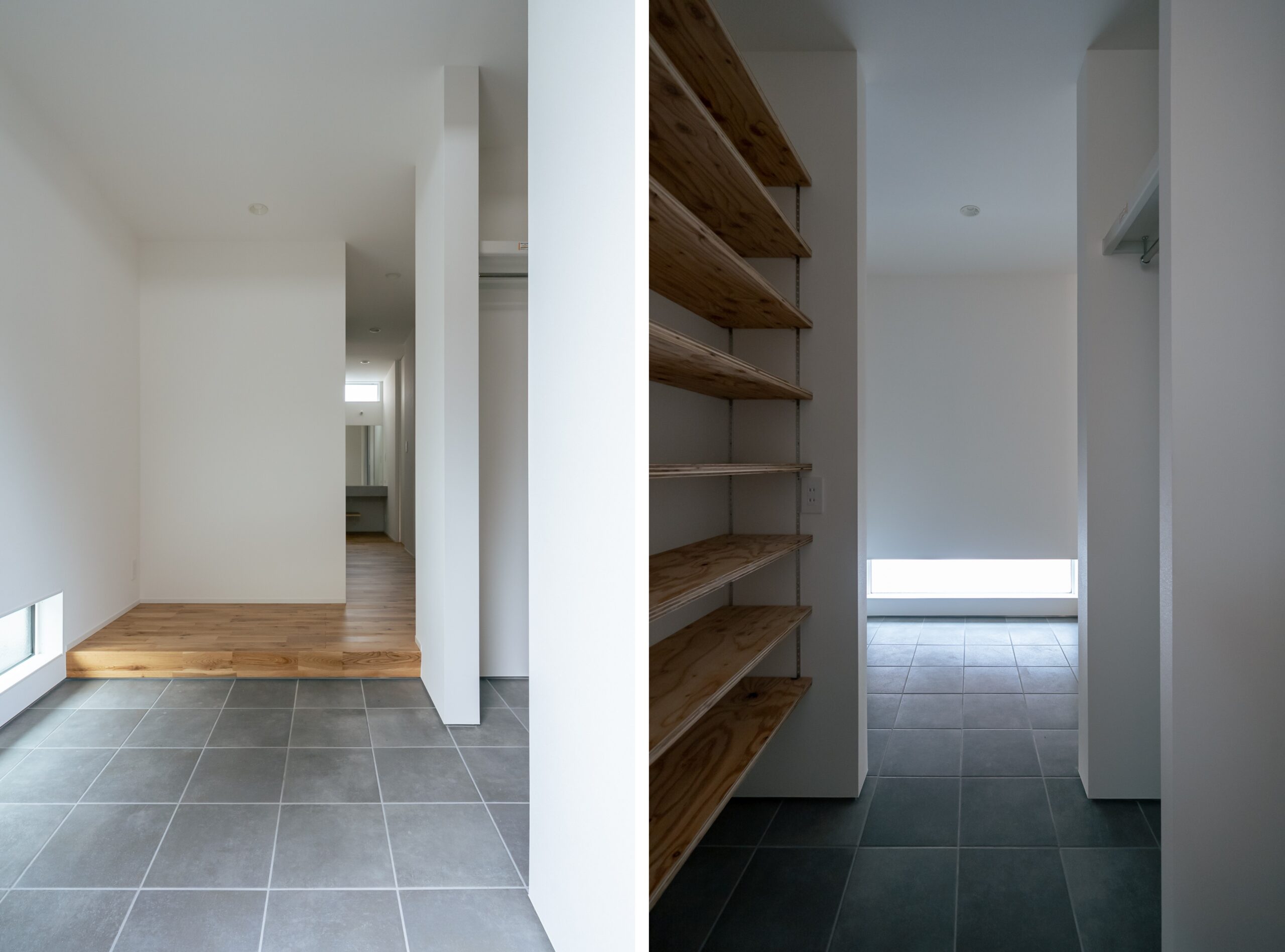 足元の窓から光が入る収納が充実した玄関