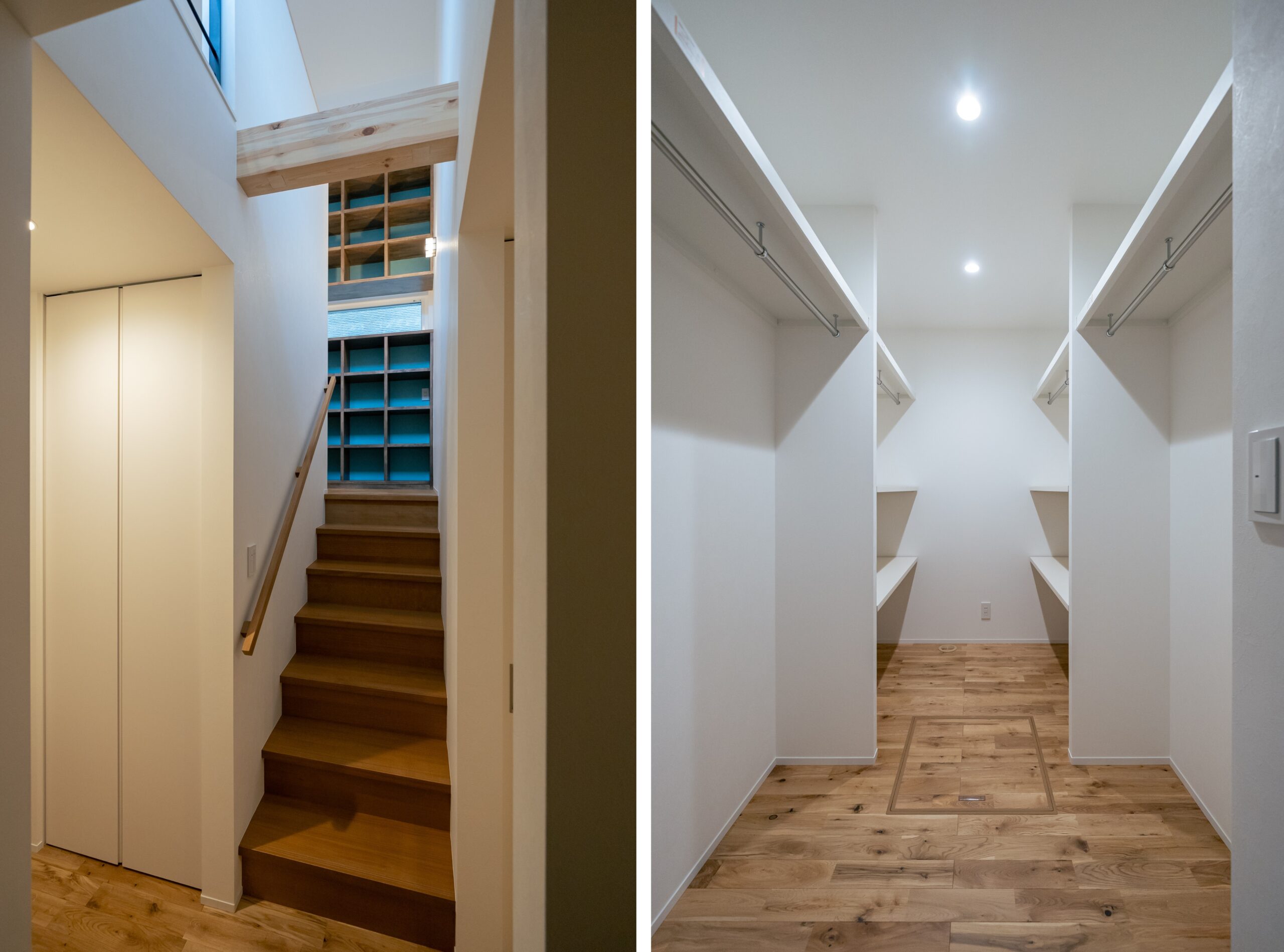 階段の中腹の収納棚と階段横のウォークインクローゼット