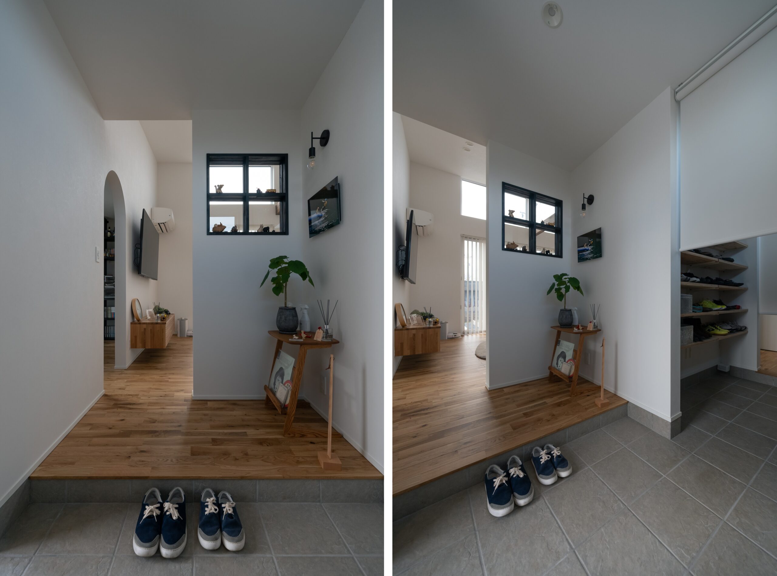 室内窓のある玄関フロアとロールスクリーンのあるシューズクローク