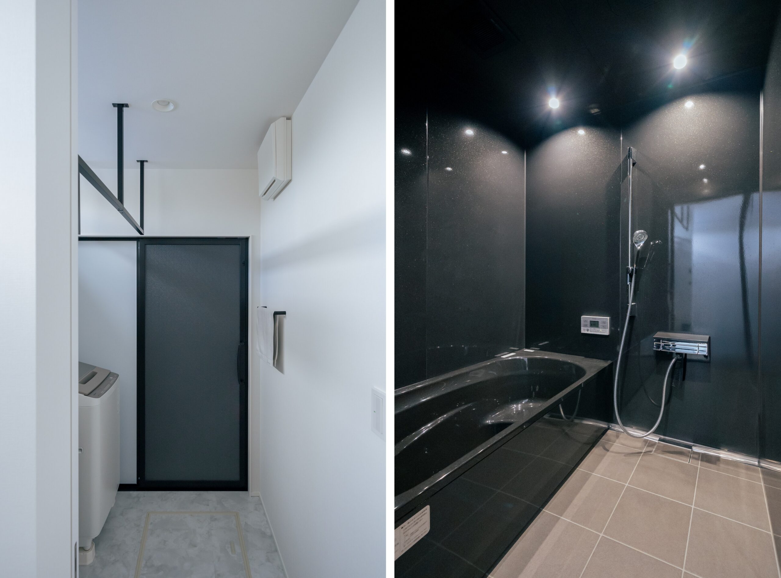 白基調の脱衣室と黒基調の浴室