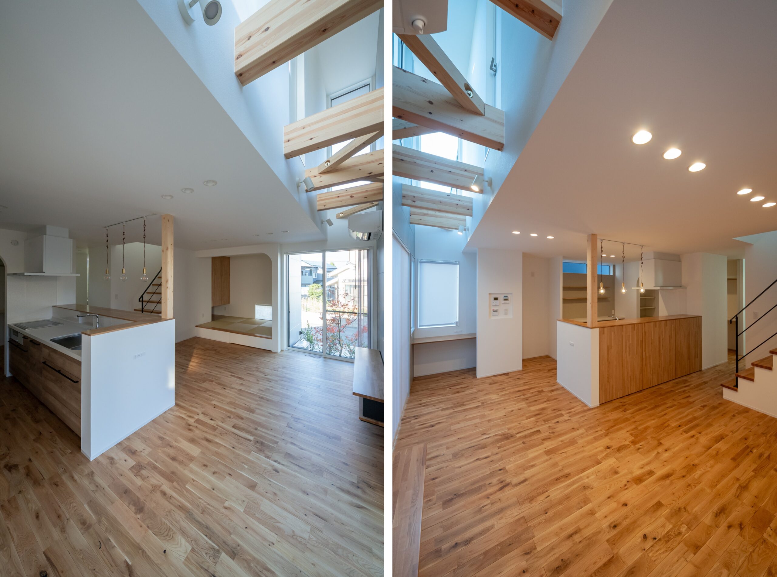 リビング・ダイニングの上部はあらわし梁と吹抜け