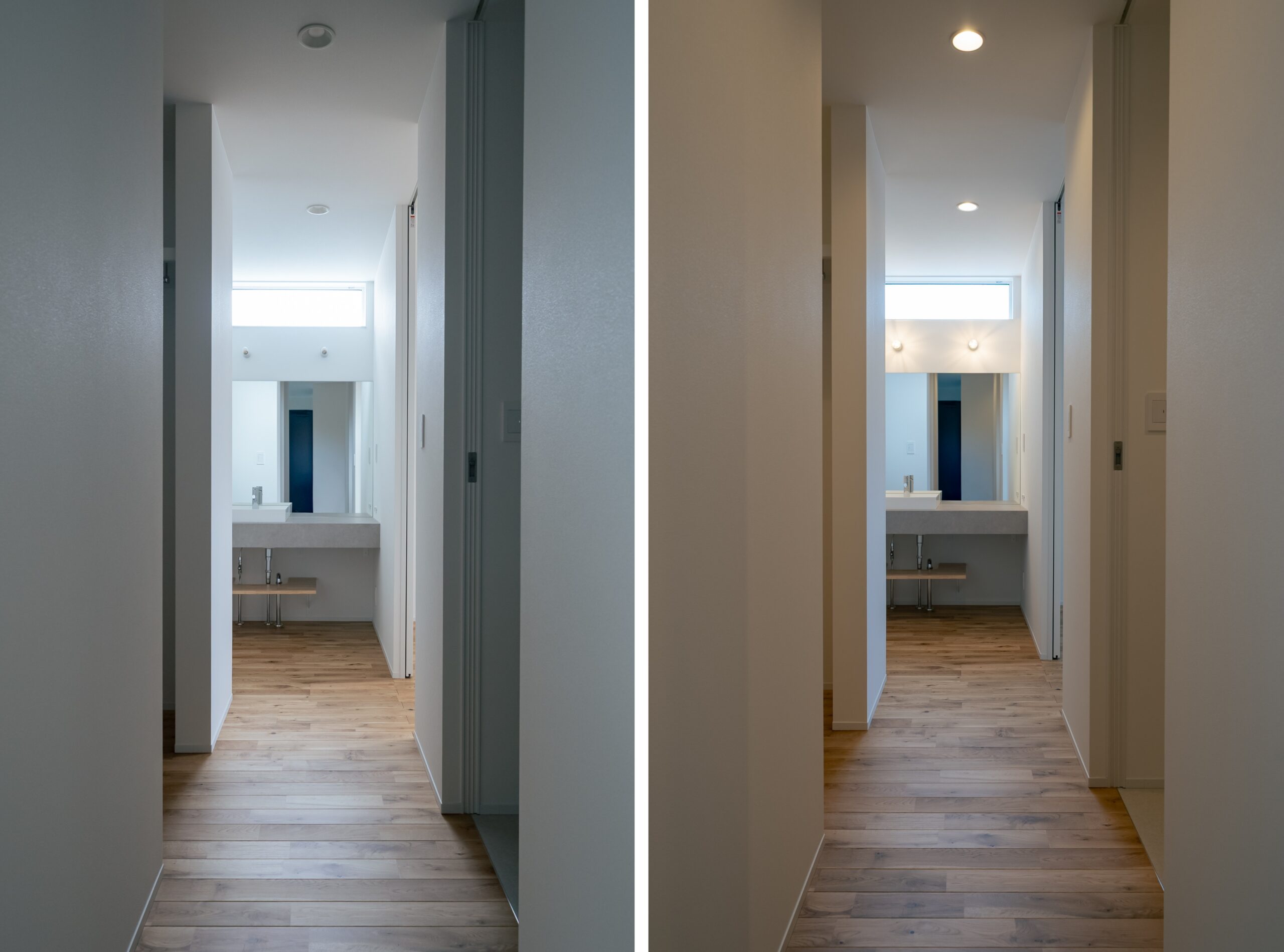 照明で雰囲気が変わる廊下から見た洗面スペース